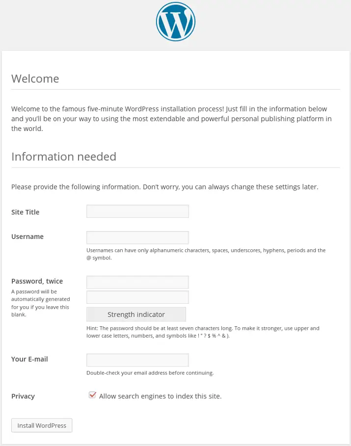 Wordpress installation